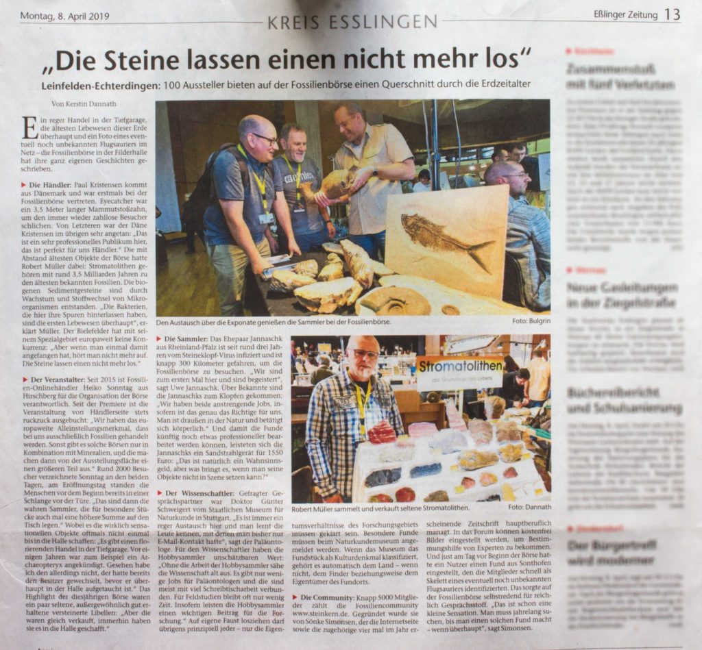 Artikel in der Eßlinger Zeitung vom 8. April 2019 über die Fossilien Börse .